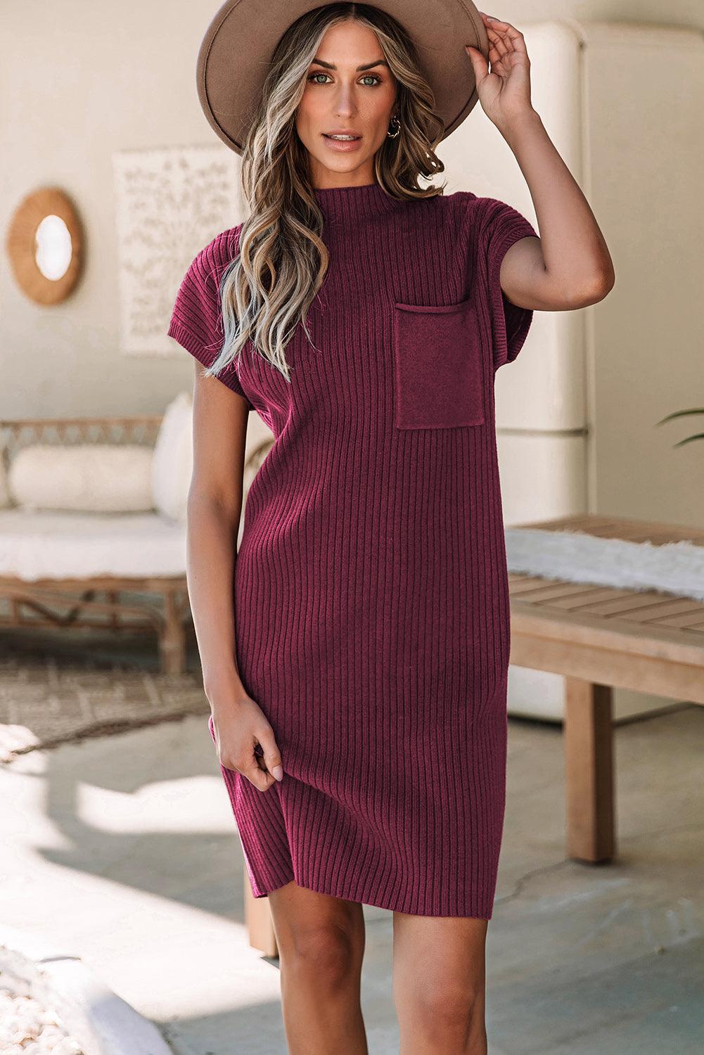 Gebreide Jurk met Korte Mouw en Zak - Sweater Dresses - Jurkjes.co