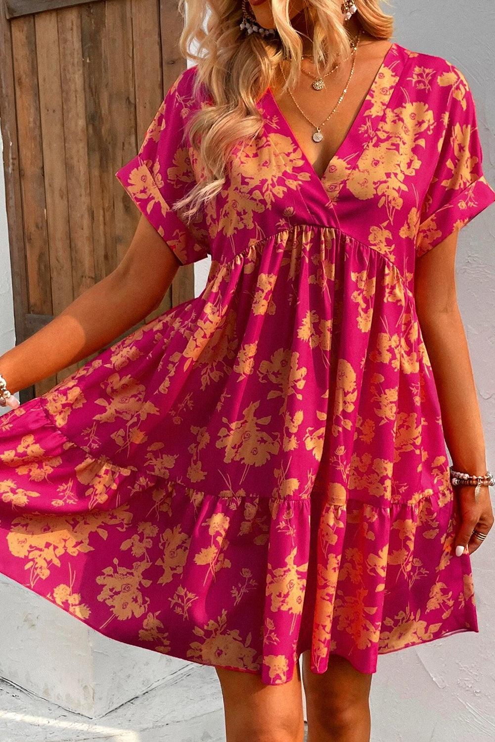 Gedrapeerde Mini Jurk met Bloemenprint - Floral Dresses - Jurkjes.co