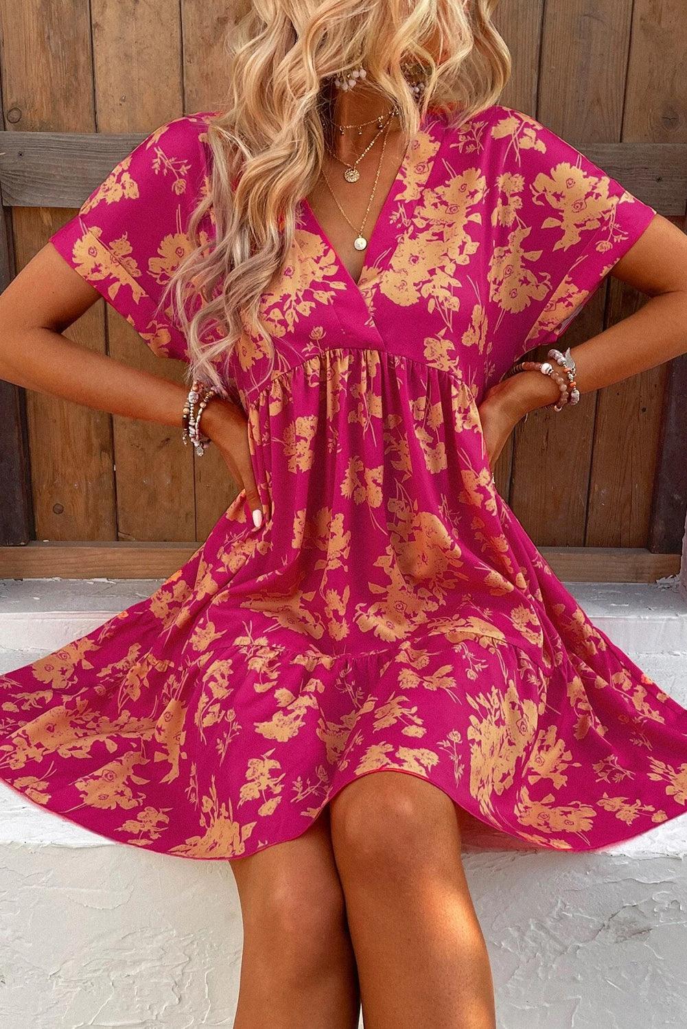 Gedrapeerde Mini Jurk met Bloemenprint - Floral Dresses - Jurkjes.co