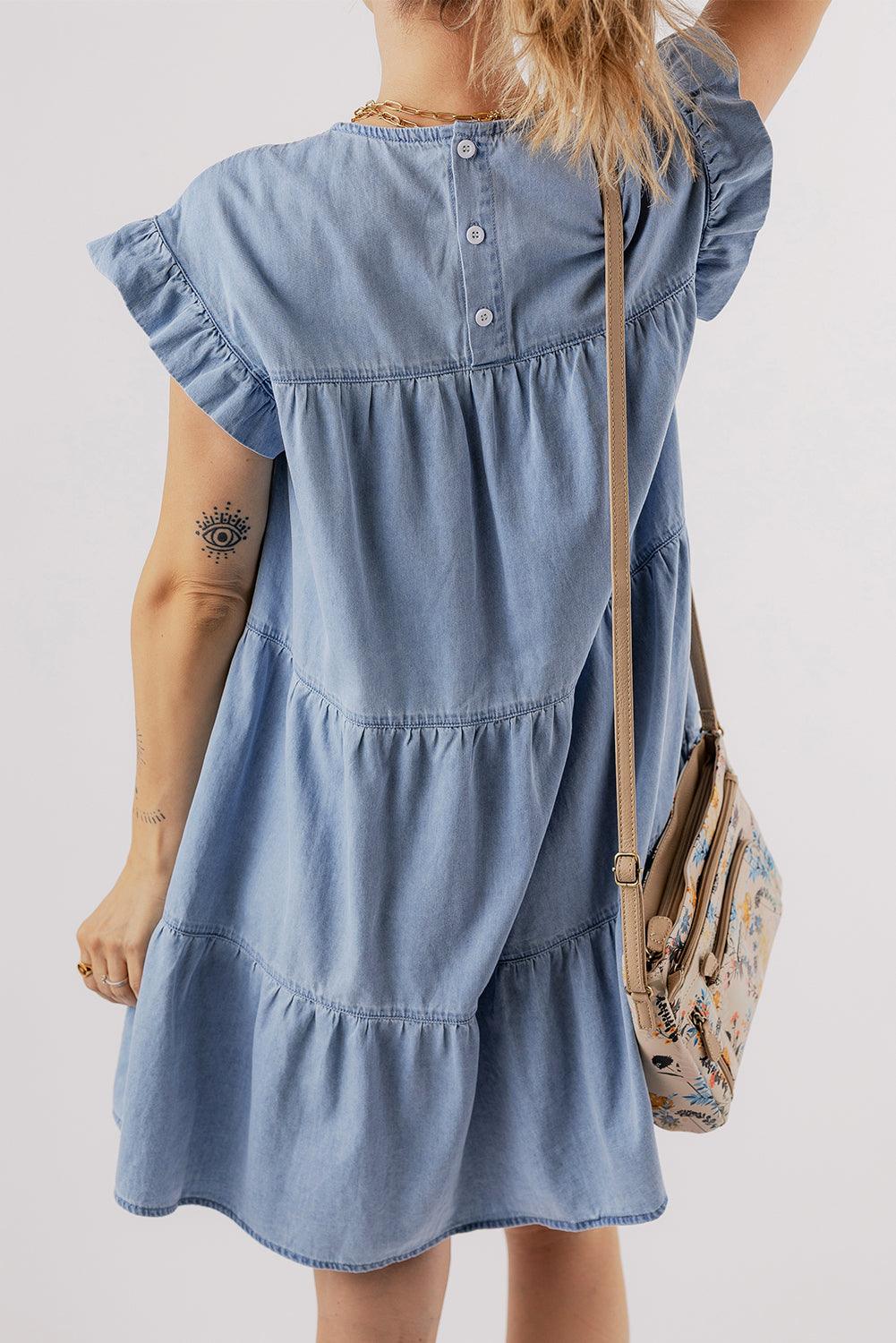 Gelaagde A-lijn Denim Jurk met Korte Mouw - Mini Dresses - Jurkjes.co