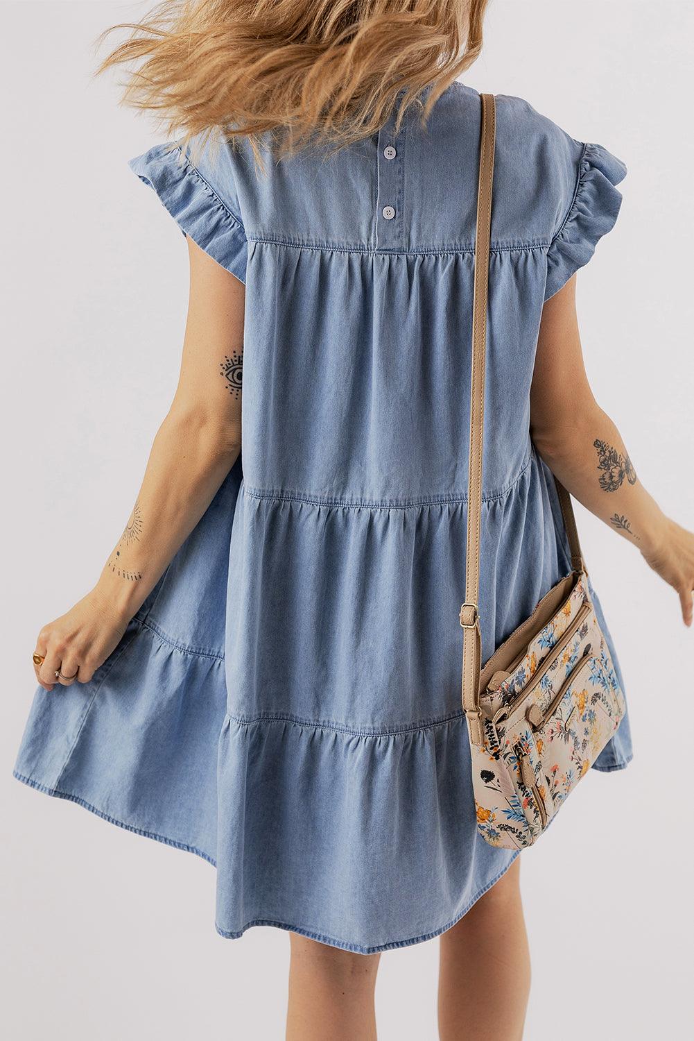Gelaagde A-lijn Denim Jurk met Korte Mouw - Mini Dresses - Jurkjes.co