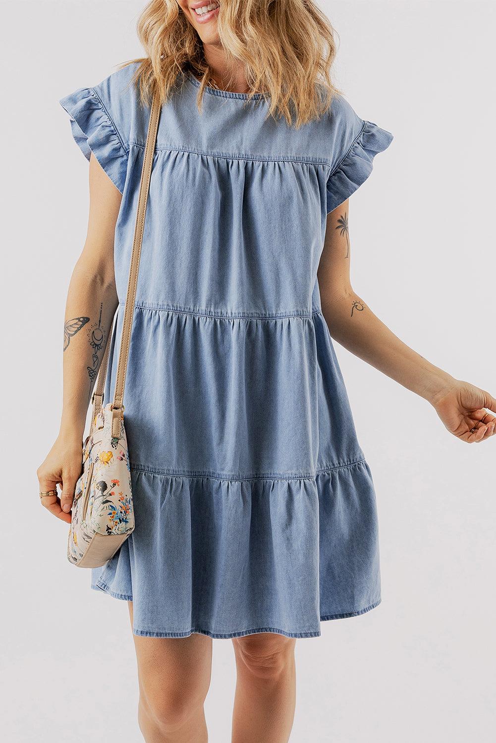 Gelaagde A-lijn Denim Jurk met Korte Mouw - Mini Dresses - Jurkjes.co