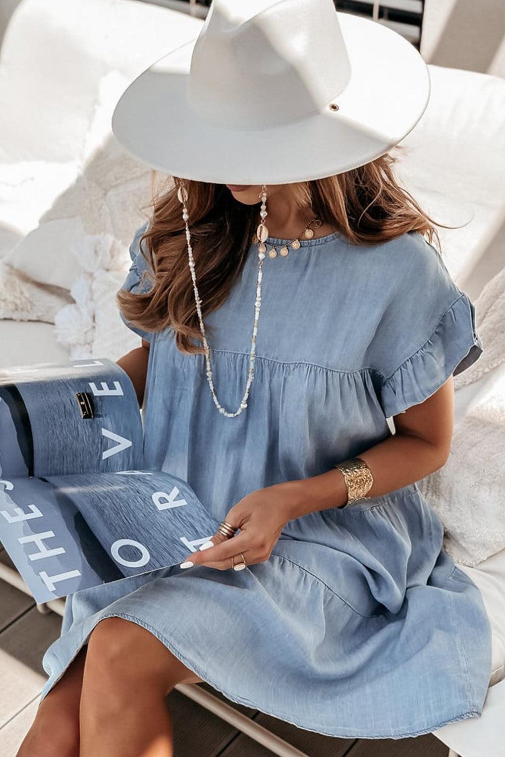 Gelaagde A-lijn Denim Jurk met Korte Mouw - Mini Dresses - Jurkjes.co