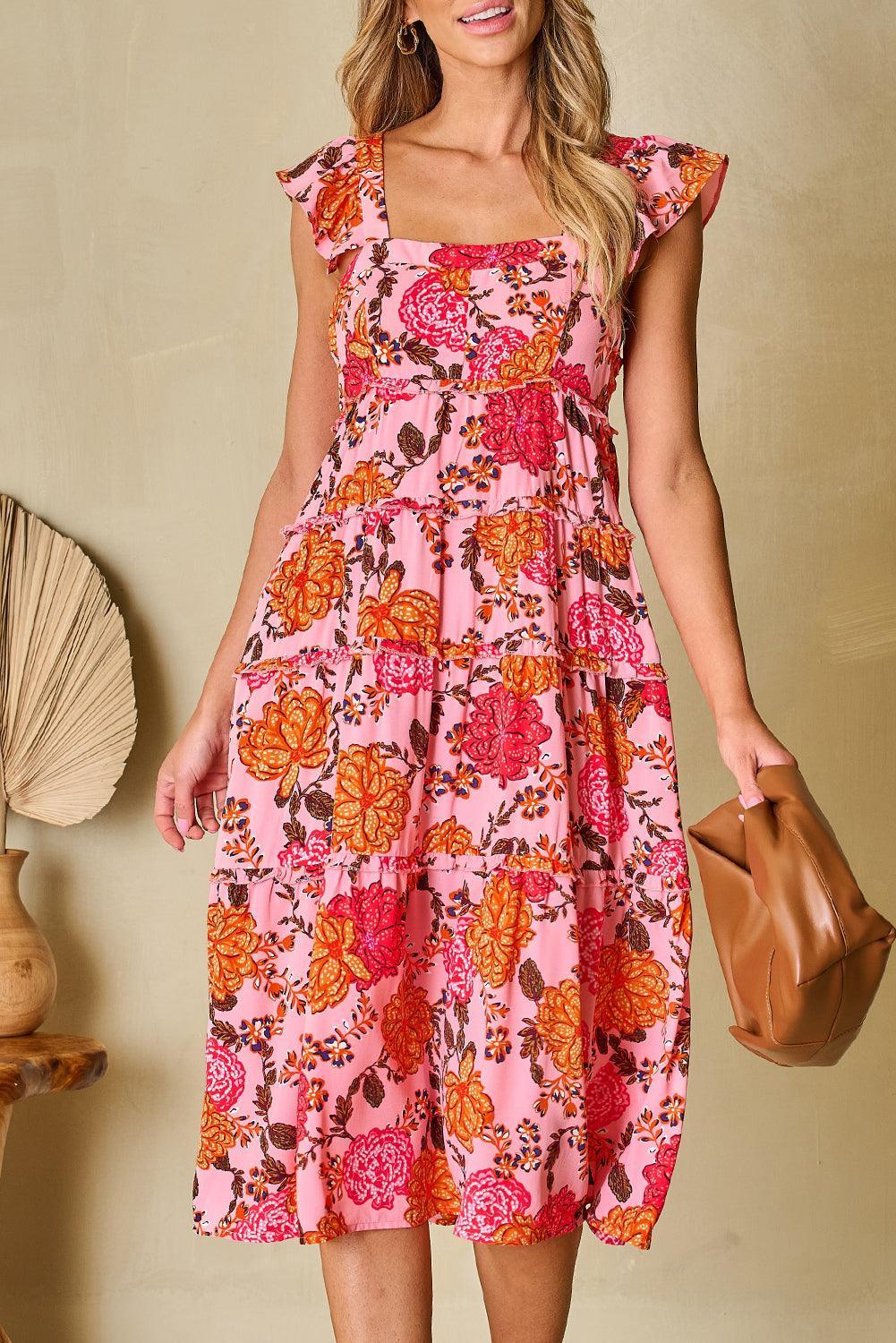 Gelaagde Midi-Jurk met Vierkante Hals - Floral Dresses - Jurkjes.co