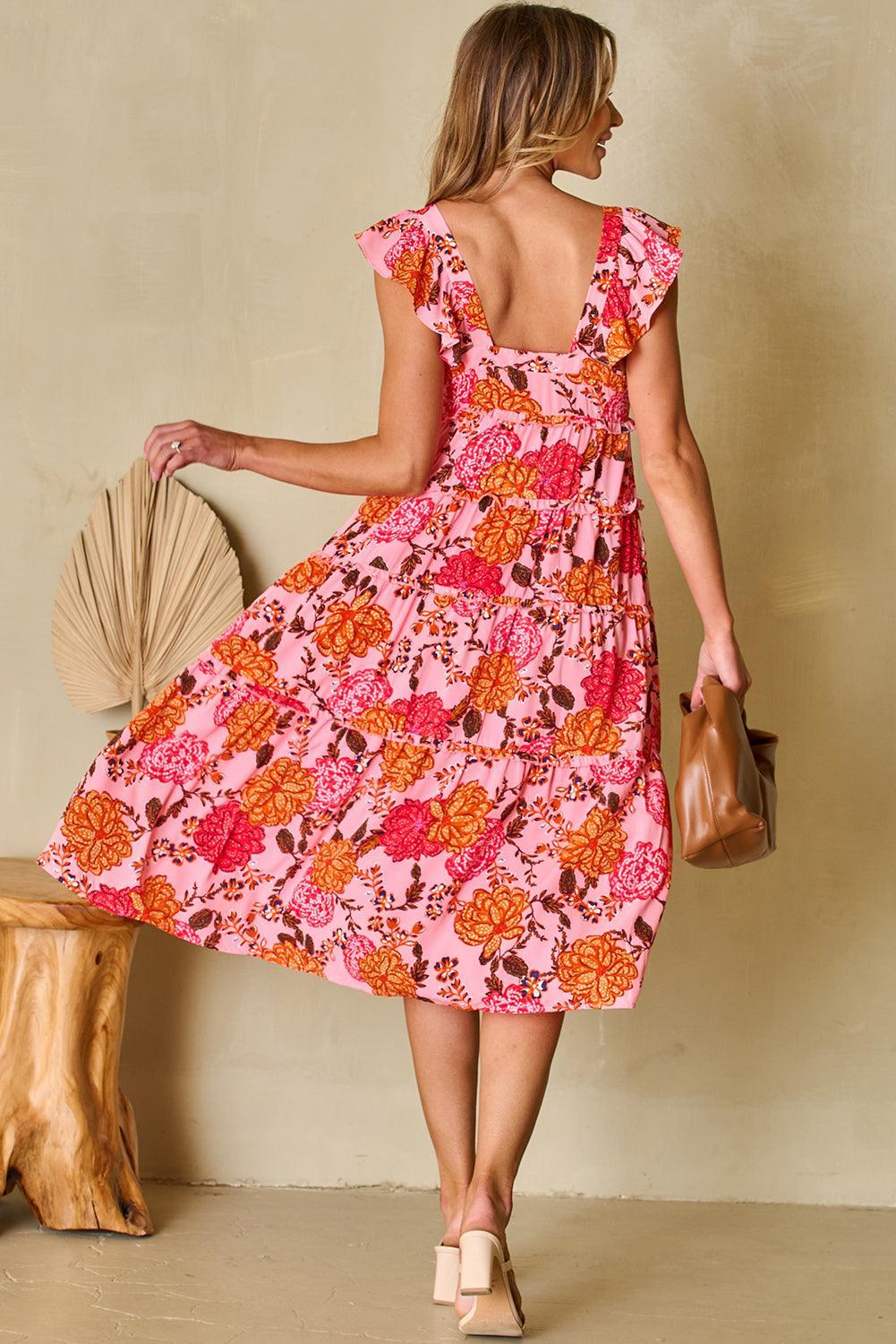 Gelaagde Midi-Jurk met Vierkante Hals - Floral Dresses - Jurkjes.co