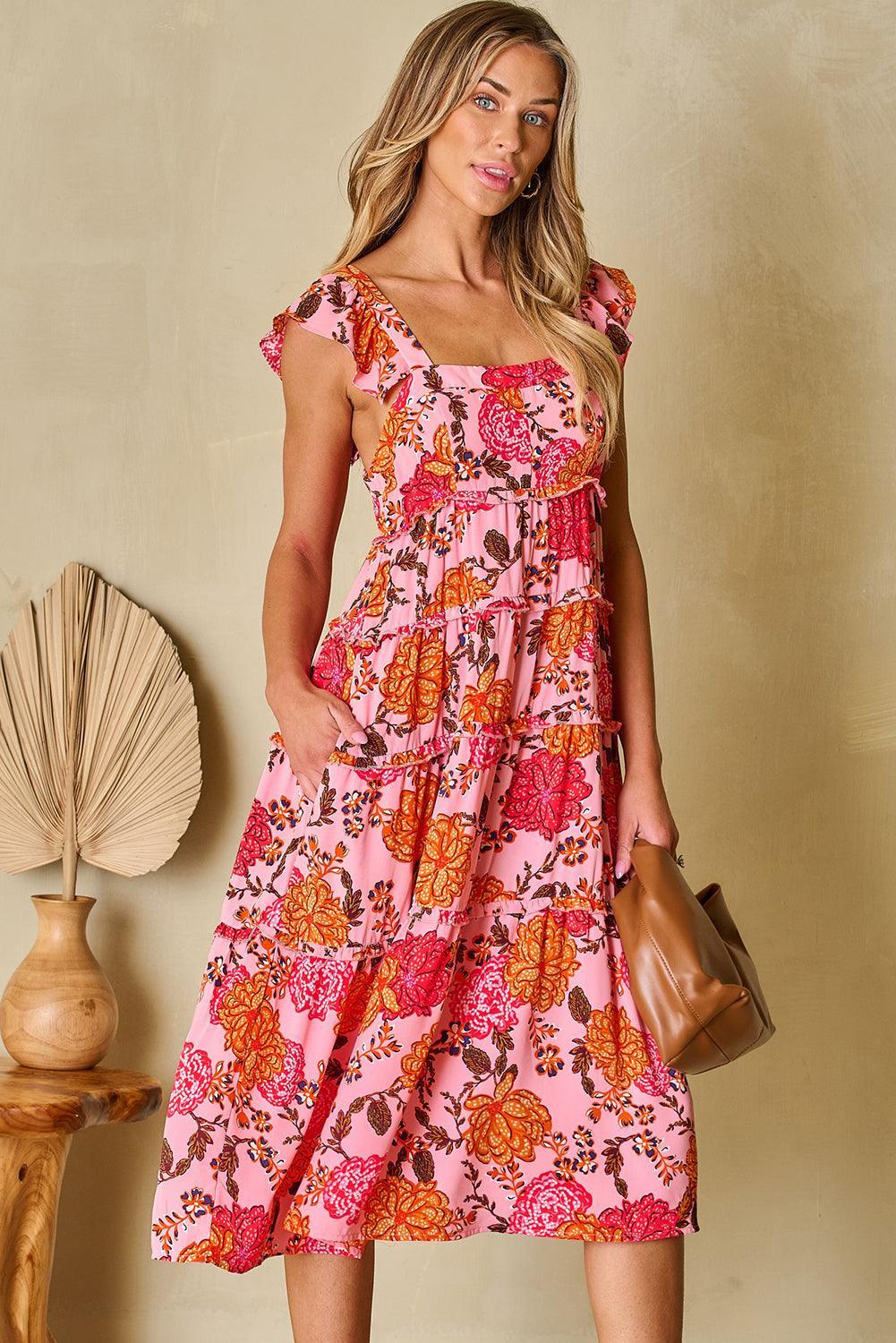 Gelaagde Midi-Jurk met Vierkante Hals - Floral Dresses - Jurkjes.co