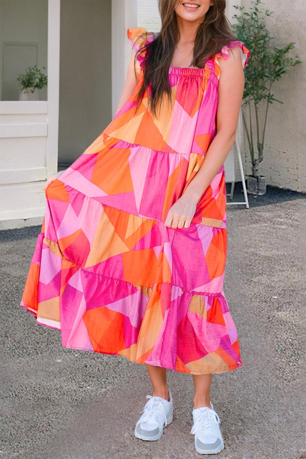 Geometrische Midi Jurk met Ruches en Lagen - Midi Dresses - Jurkjes.co