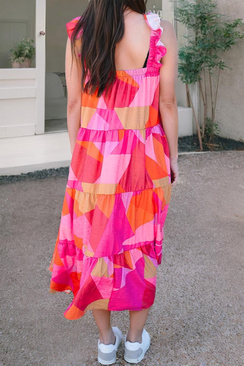 Geometrische Midi Jurk met Ruches en Lagen - Midi Dresses - Jurkjes.co