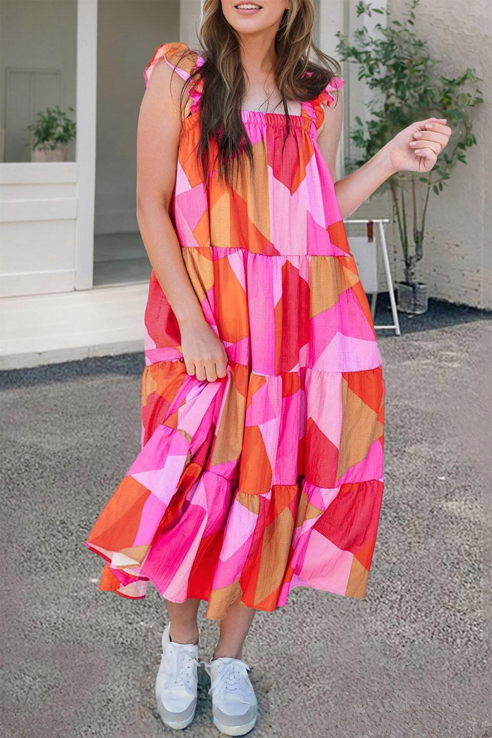 Geometrische Midi Jurk met Ruches en Lagen - Midi Dresses - Jurkjes.co