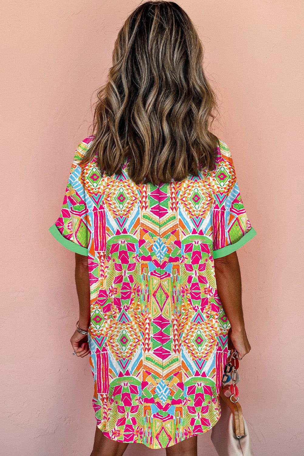 Geometrische Print Mini Jurk met Korte Mouw - Mini Dresses - Jurkjes.co