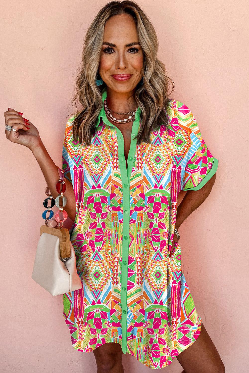 Geometrische Print Mini Jurk met Korte Mouw - Mini Dresses - Jurkjes.co