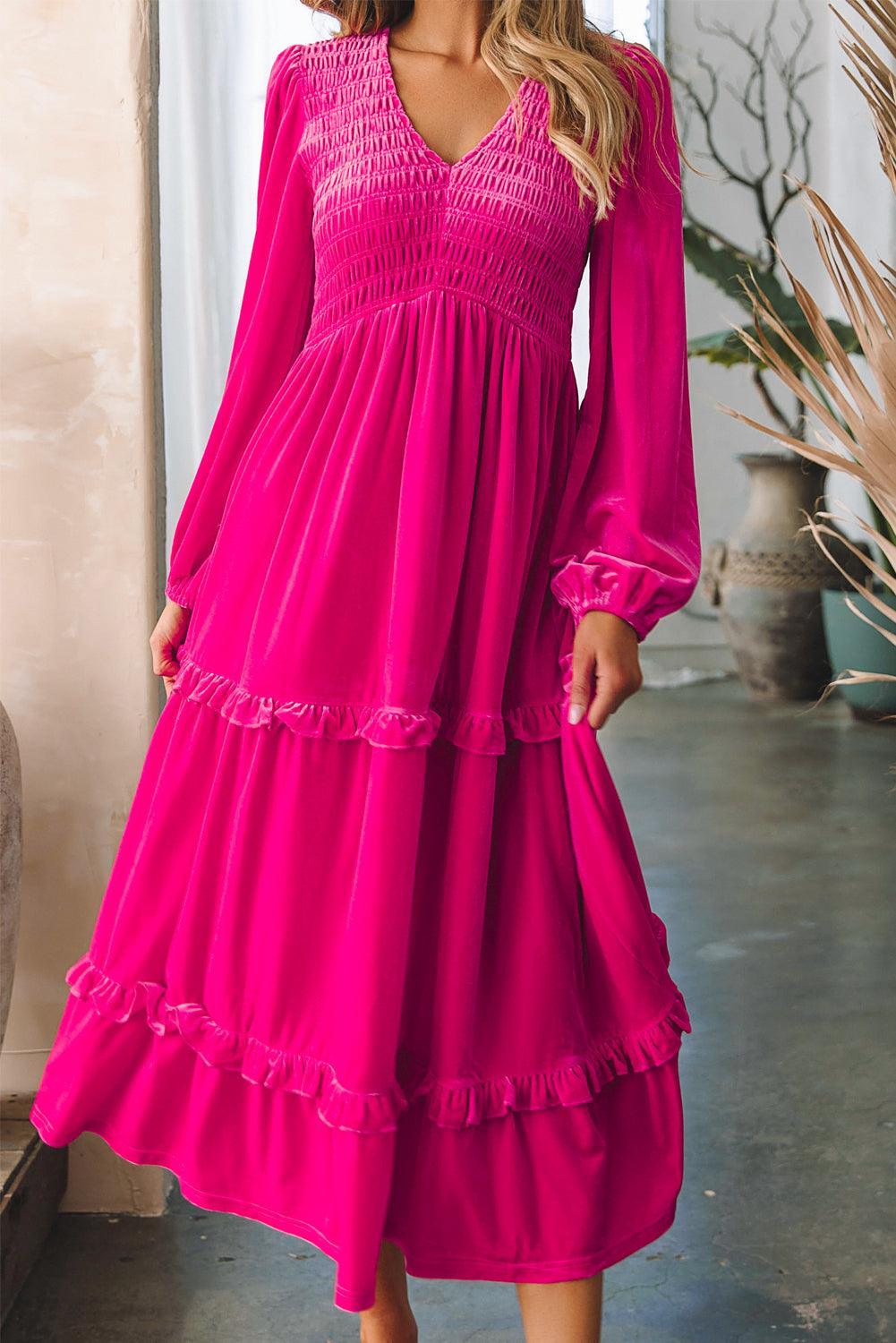 Geplooide Fluweel Jurk met V-hals - Maxi Dresses - Jurkjes.co