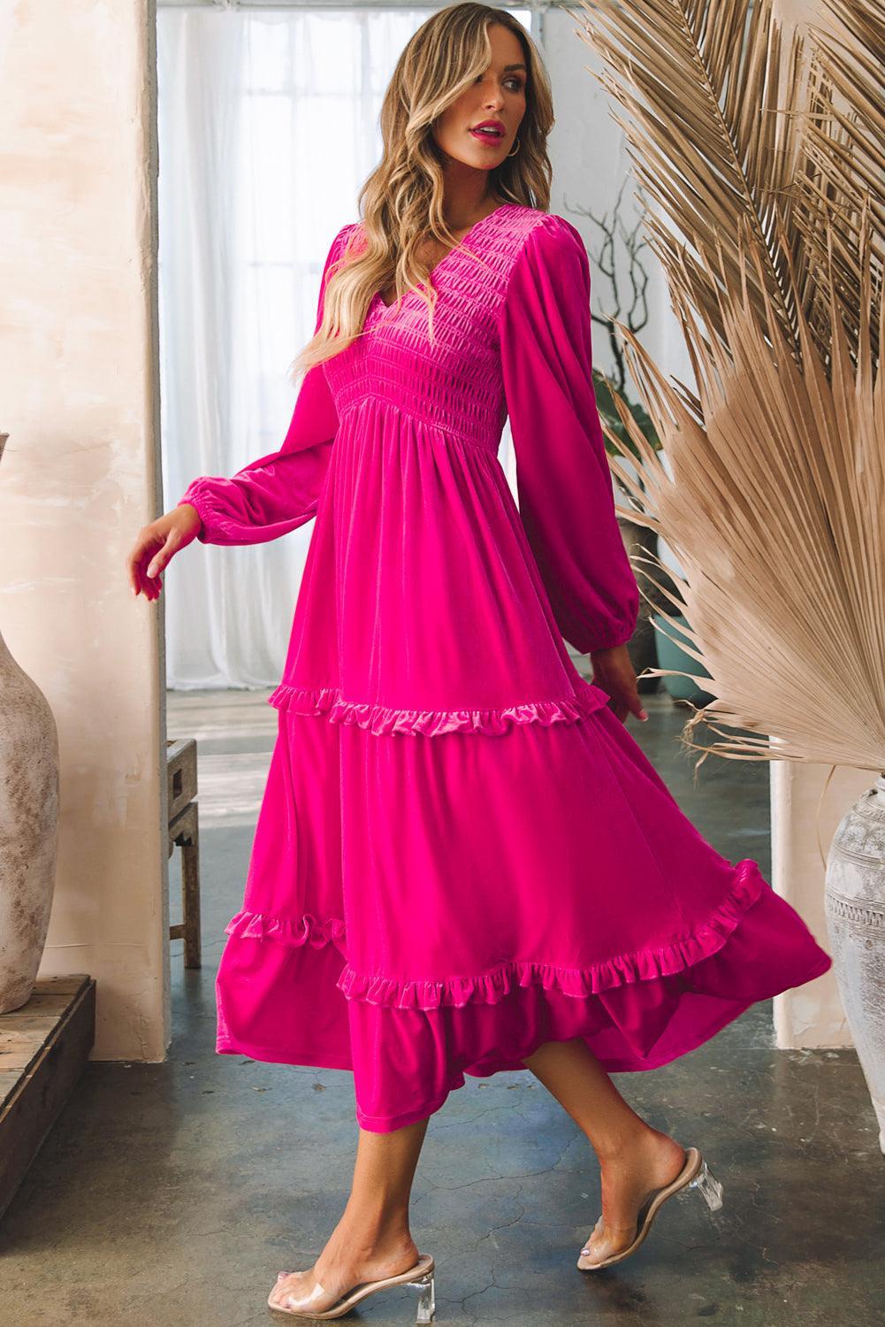 Geplooide Fluweel Jurk met V-hals - Maxi Dresses - Jurkjes.co