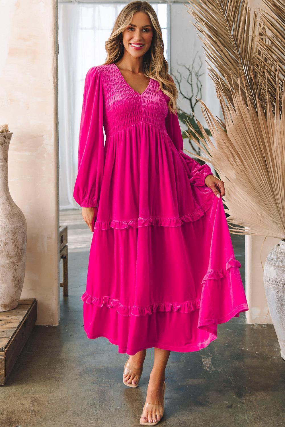 Geplooide Fluweel Jurk met V-hals - Maxi Dresses - Jurkjes.co