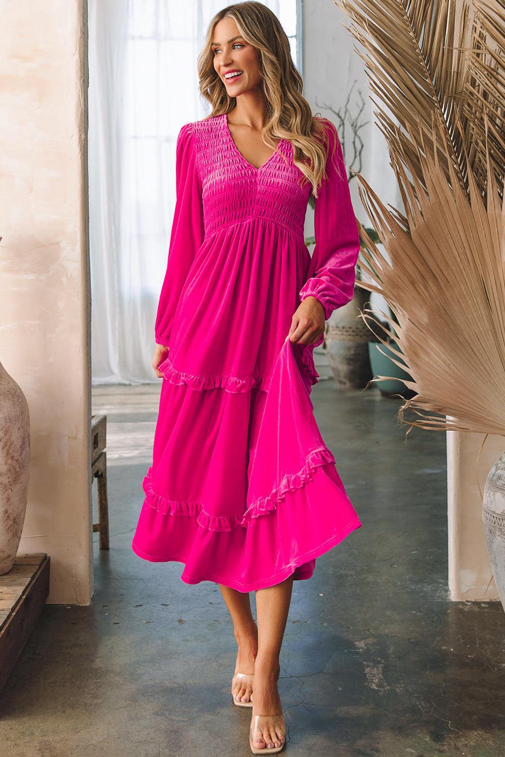 Geplooide Fluweel Jurk met V-hals - Maxi Dresses - Jurkjes.co
