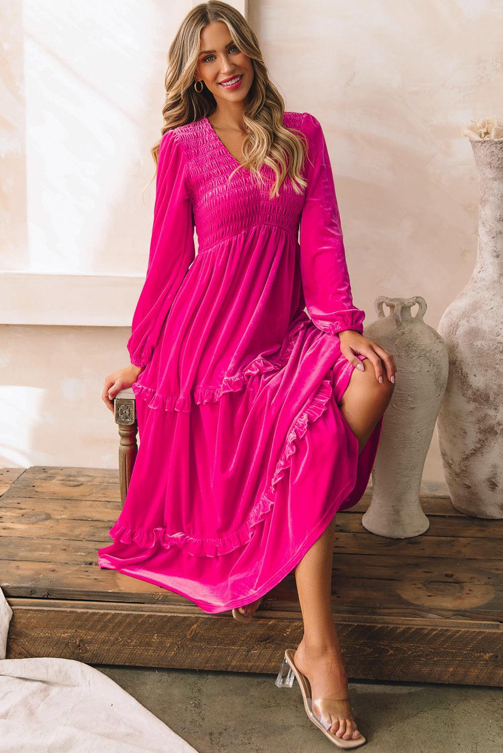 Geplooide Fluweel Jurk met V-hals - Maxi Dresses - Jurkjes.co