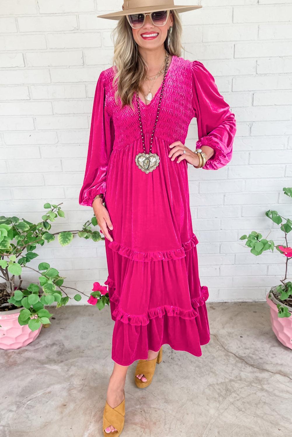 Geplooide Fluweel Jurk met V-hals - Maxi Dresses - Jurkjes.co