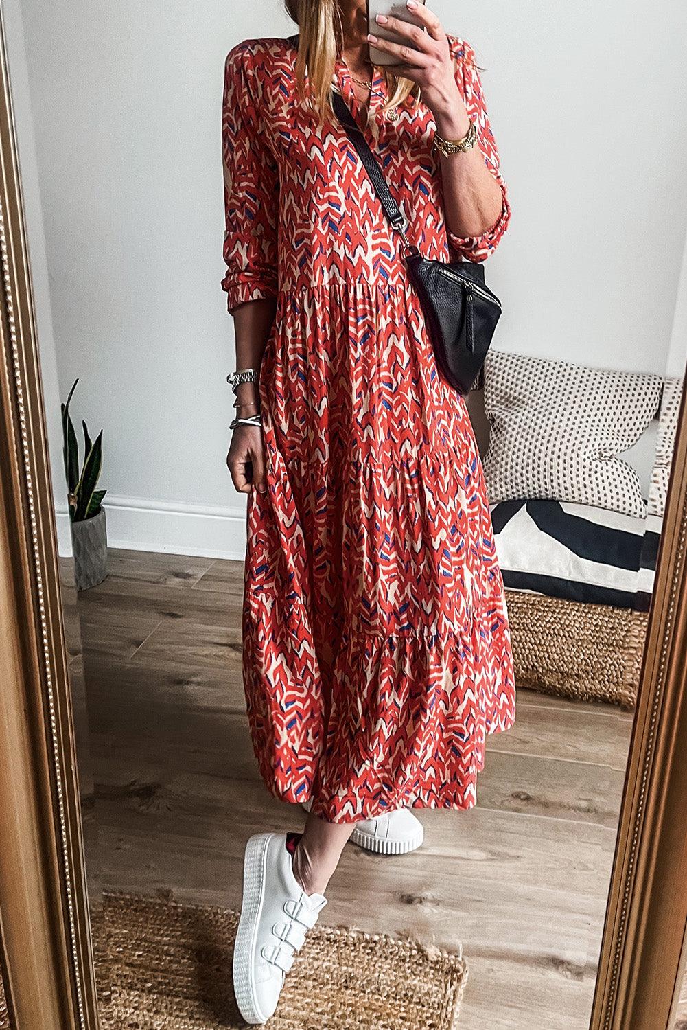 Geplooide Maxi Jurk met V-Hals en Abstracte Print - Maxi Dresses - Jurkjes.co