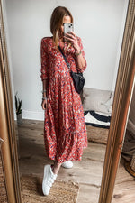 Geplooide Maxi Jurk met V-Hals en Abstracte Print - Maxi Dresses - Jurkjes.co