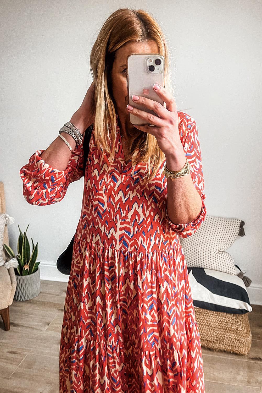 Geplooide Maxi Jurk met V-Hals en Abstracte Print - Maxi Dresses - Jurkjes.co