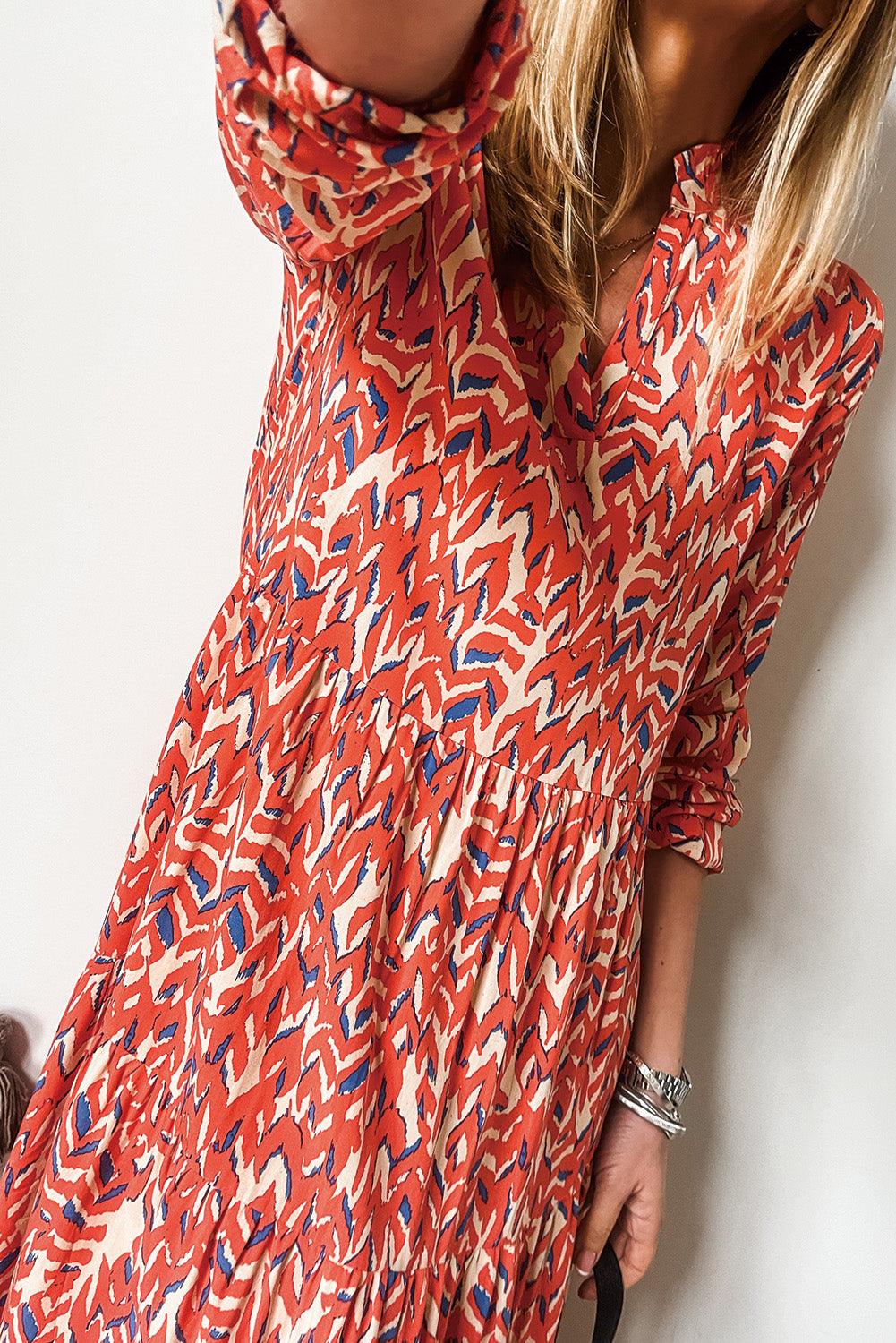 Geplooide Maxi Jurk met V-Hals en Abstracte Print - Maxi Dresses - Jurkjes.co