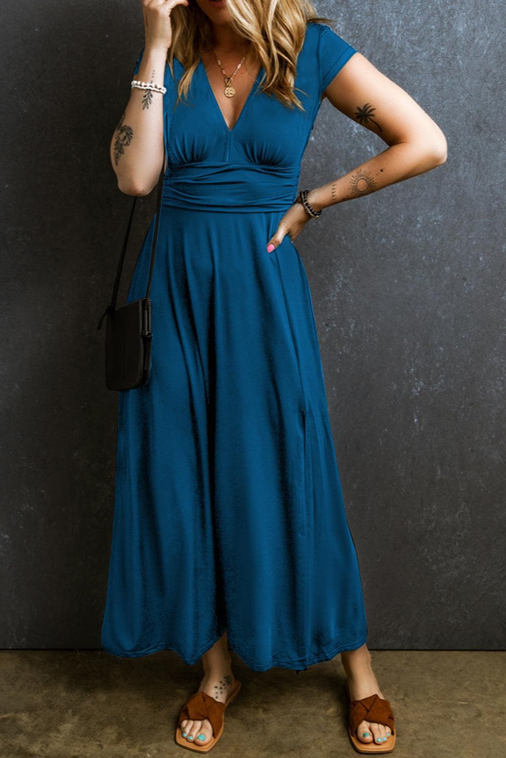 Geplooide Maxi-Jurk met V-Hals en Korte Mouw - Maxi Dresses - Jurkjes.co