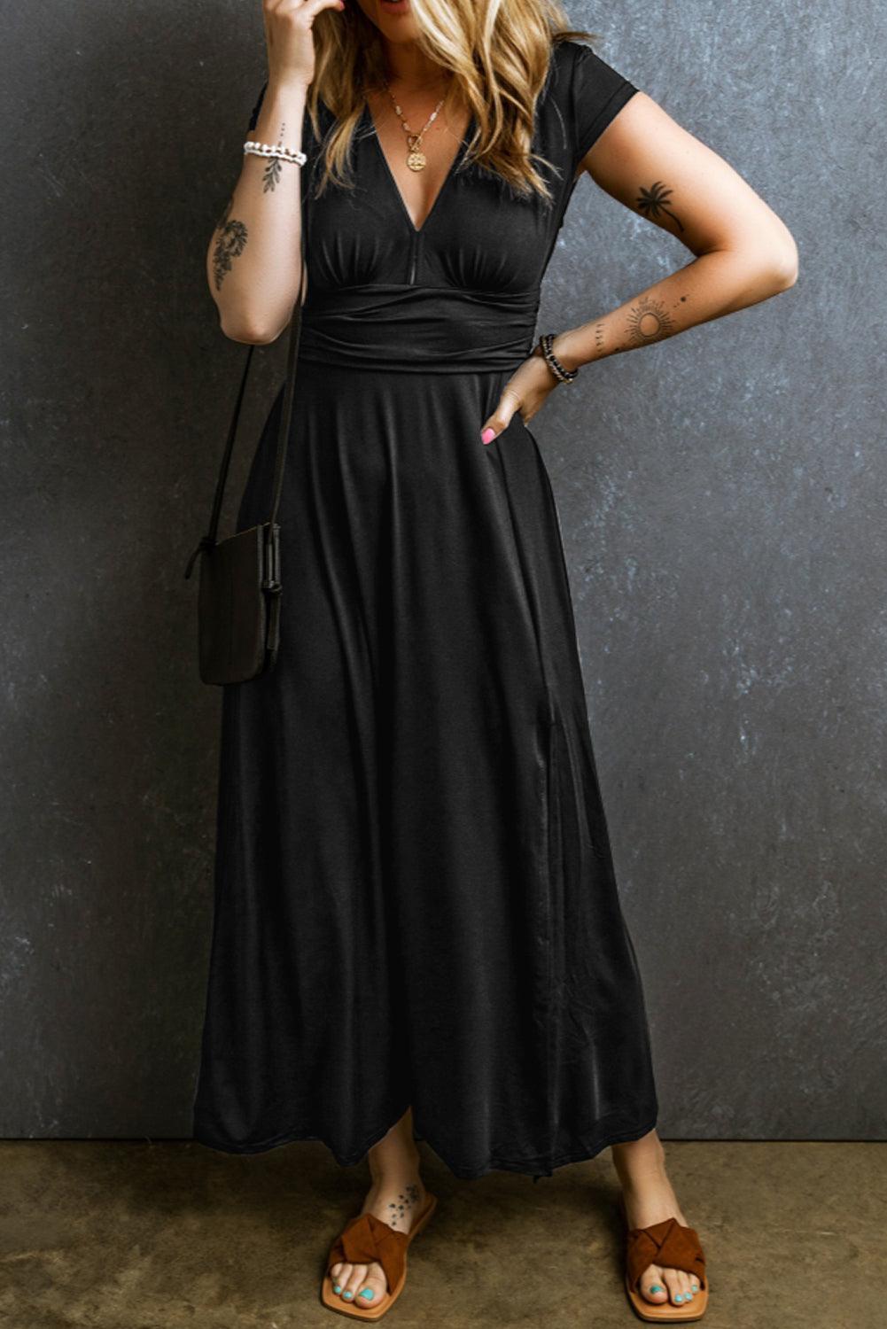 Geplooide Maxi-Jurk met V-Hals en Korte Mouw - Maxi Dresses - Jurkjes.co