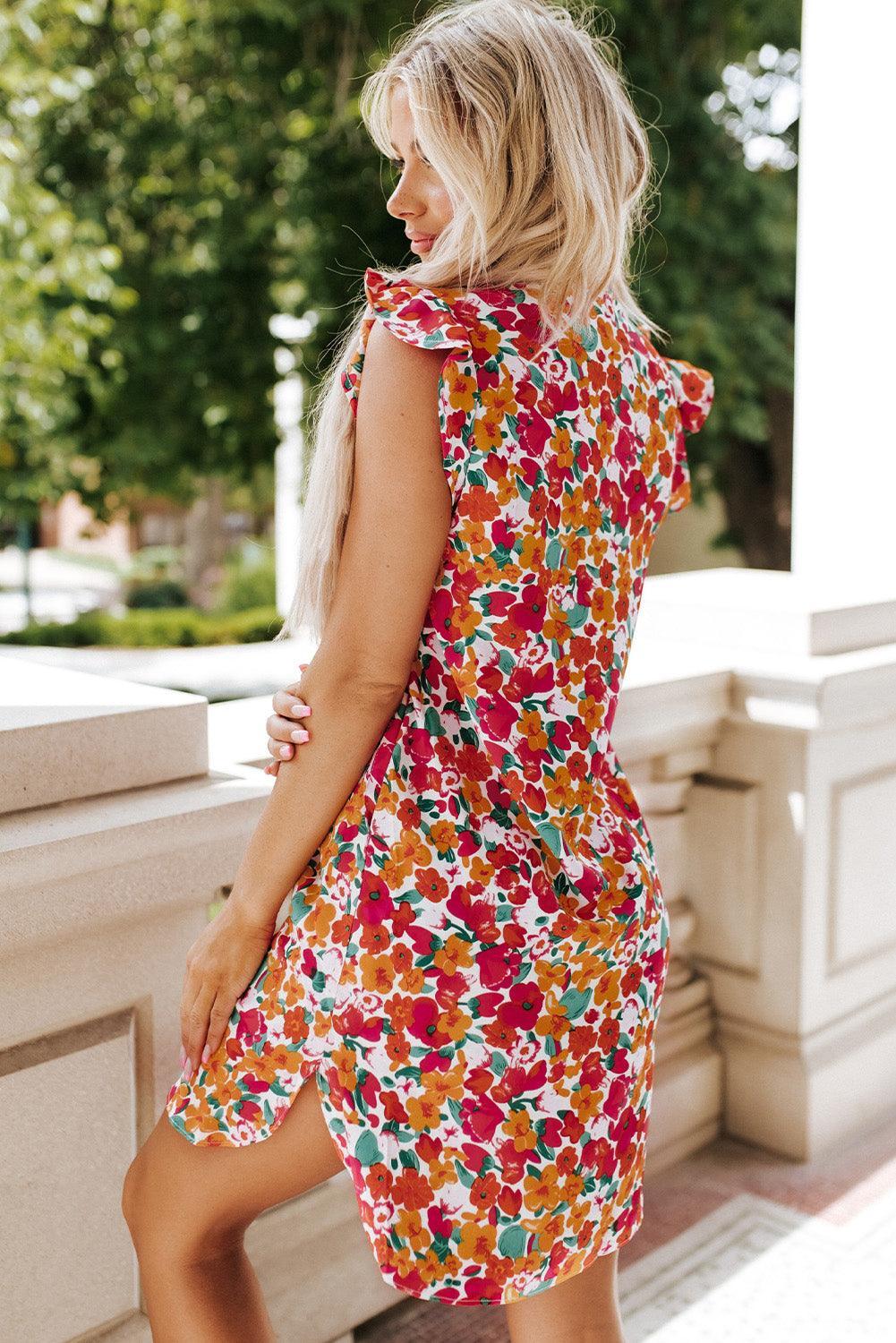 Gerafelde Mouw V-hals Bloemenjurk - Floral Dresses - Jurkjes.co
