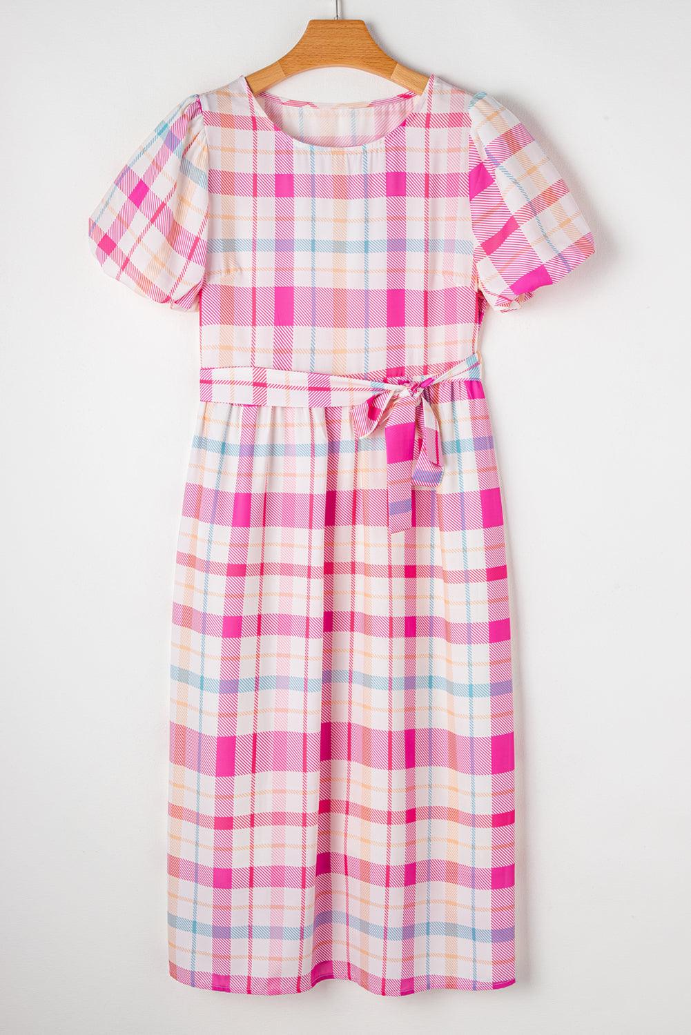 Geruite Midi Jurk met Pofmouwen en Riem - Midi Dresses - Jurkjes.co