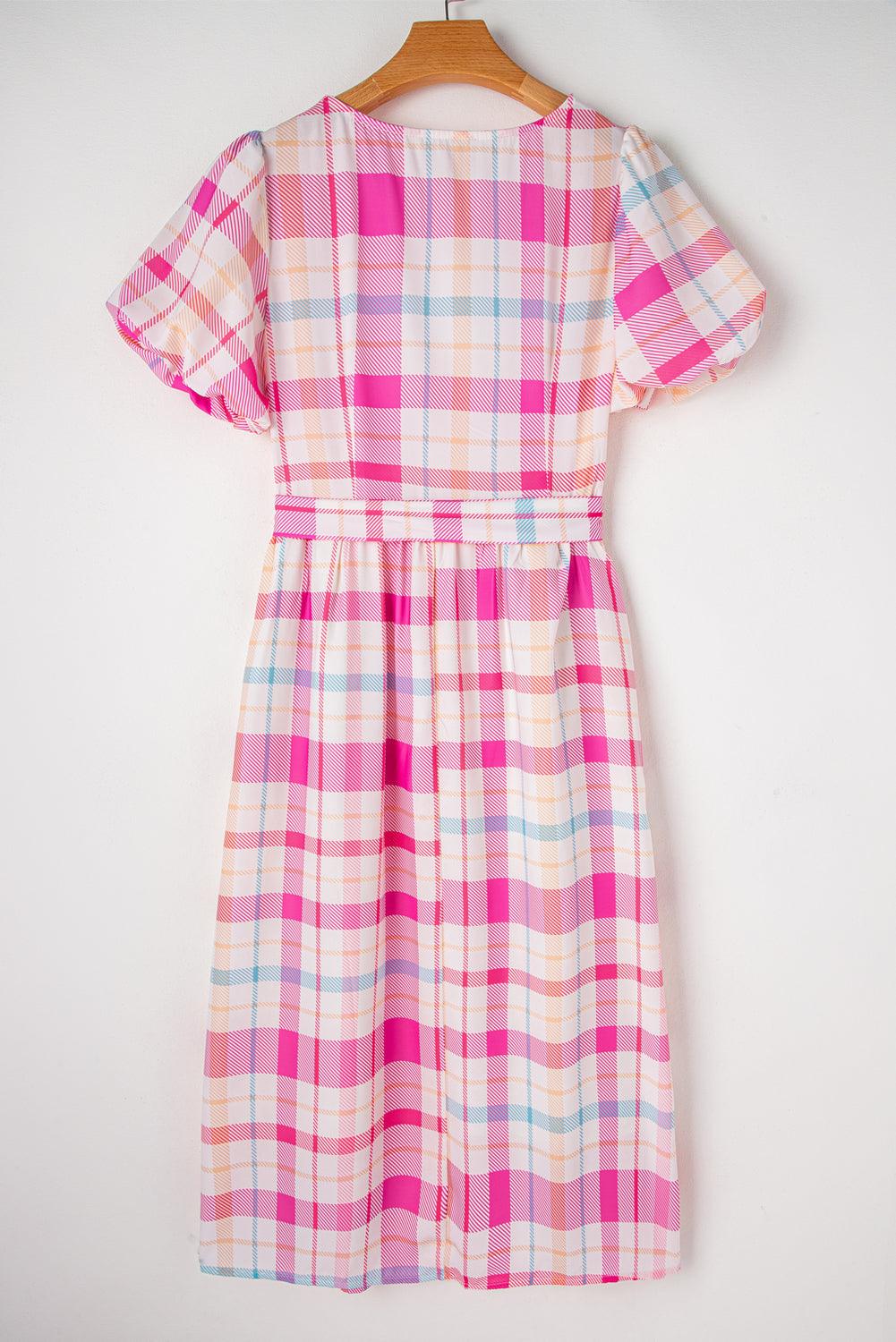 Geruite Midi Jurk met Pofmouwen en Riem - Midi Dresses - Jurkjes.co