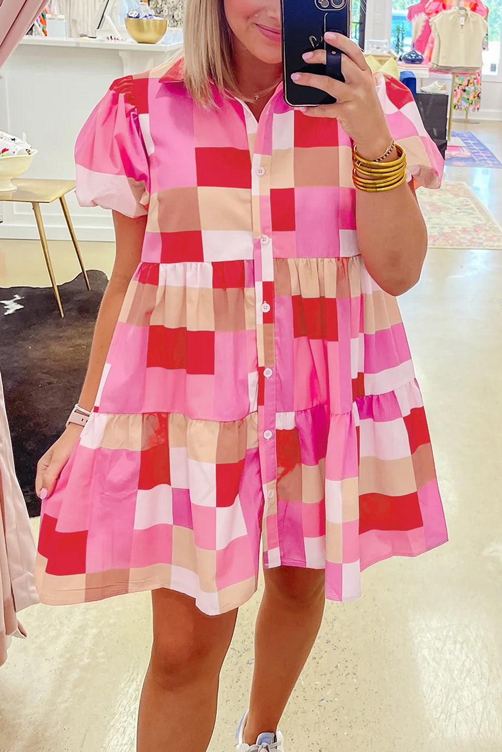 Geruite Pofmouw Jurk met Knopen - Mini Dresses - Jurkjes.co