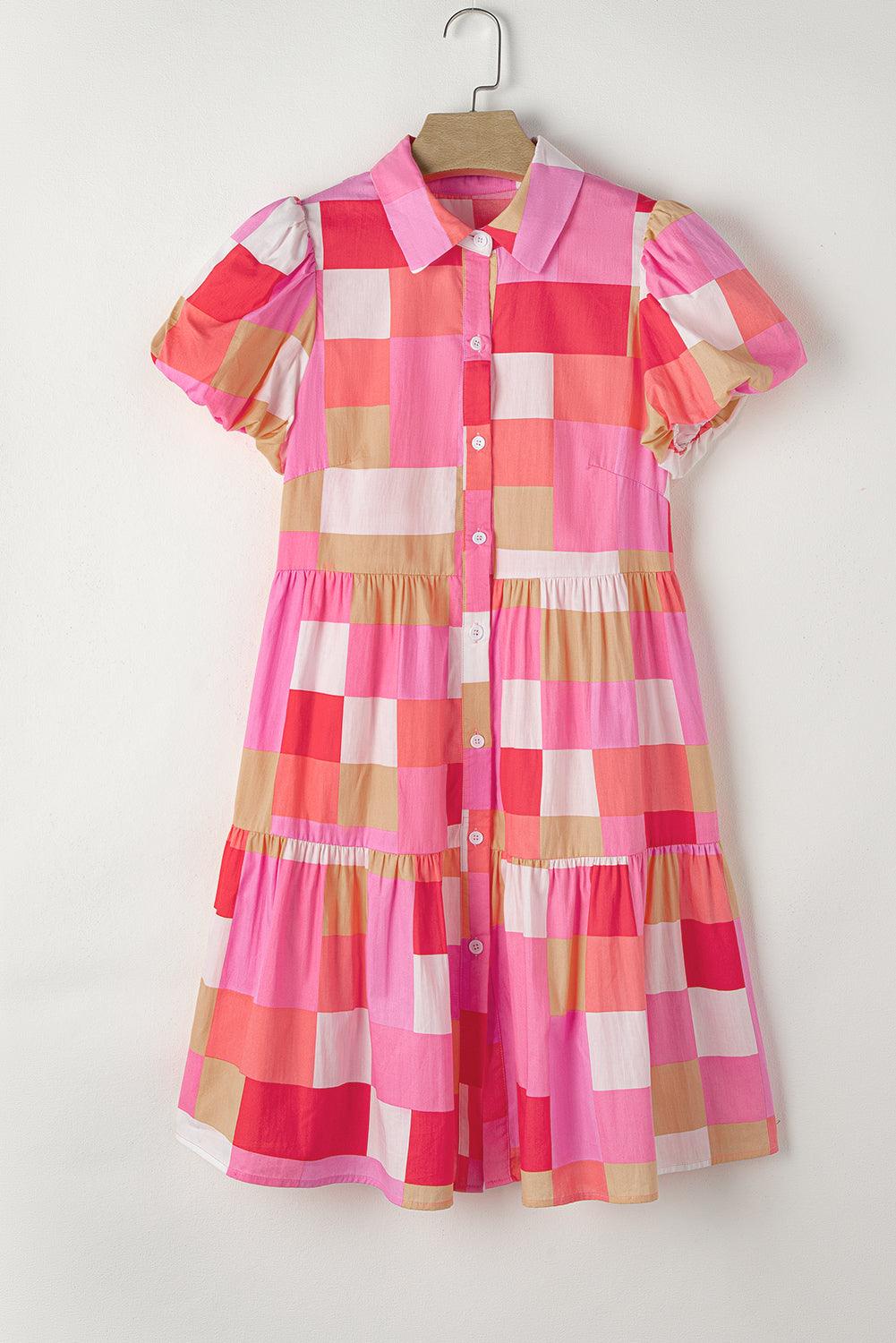 Geruite Pofmouw Jurk met Knopen - Mini Dresses - Jurkjes.co