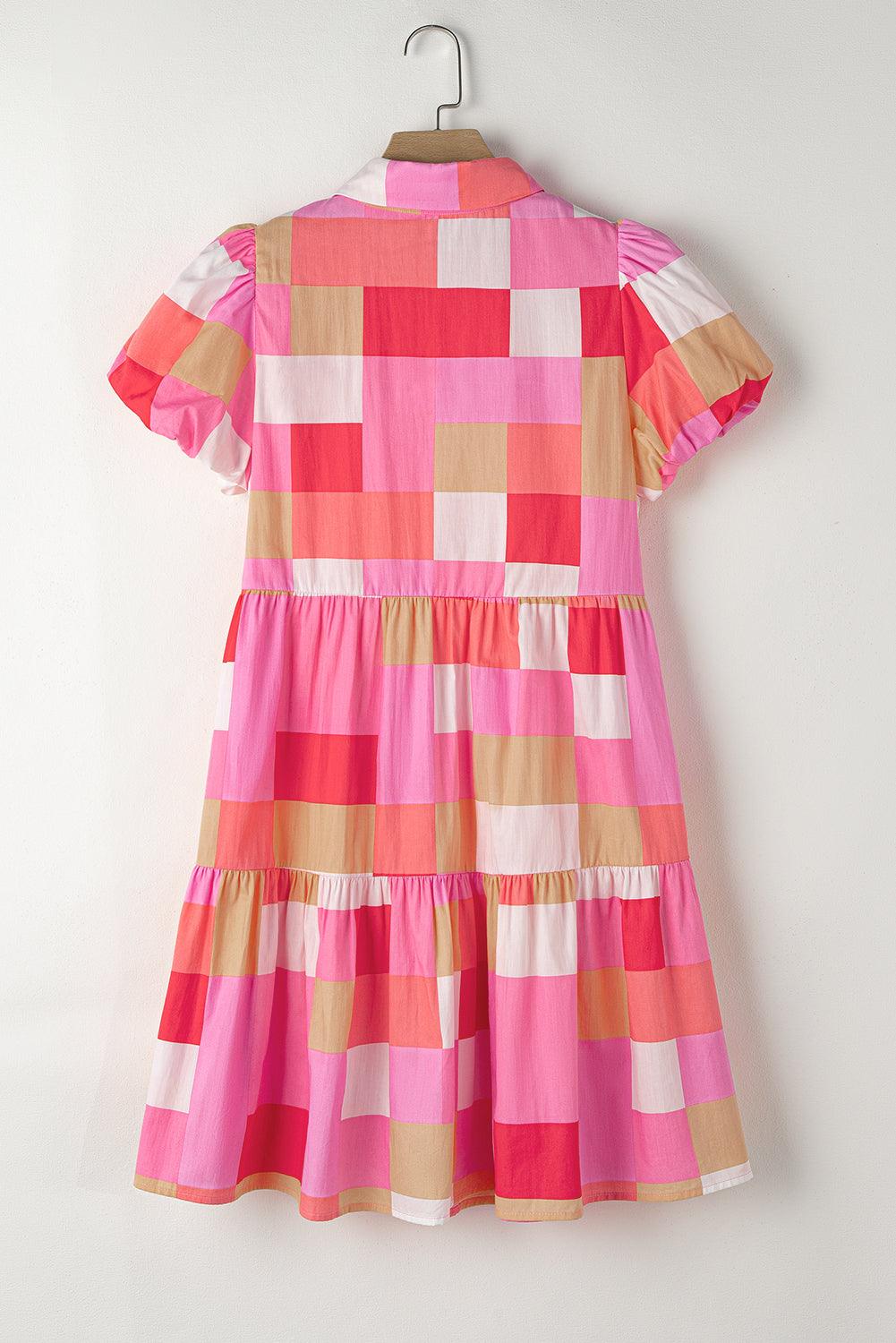 Geruite Pofmouw Jurk met Knopen - Mini Dresses - Jurkjes.co