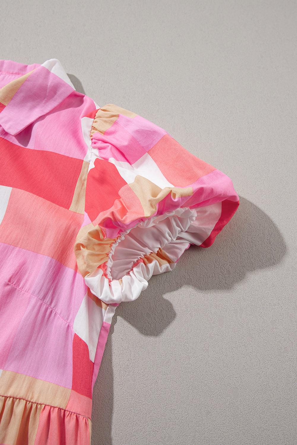 Geruite Pofmouw Jurk met Knopen - Mini Dresses - Jurkjes.co