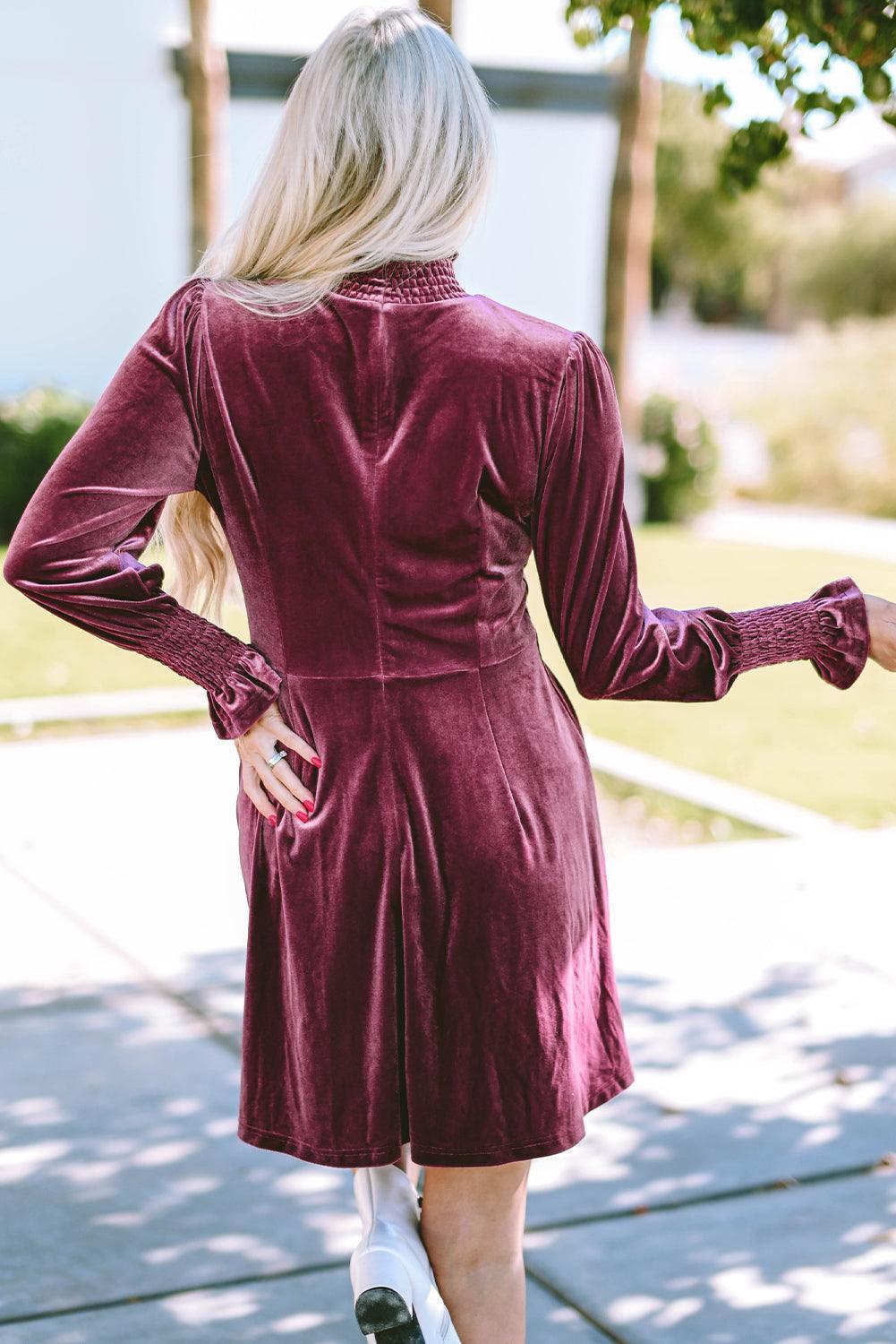 Gesmokte Fluwelen Jurk met Hoge Hals - Mini Dresses - Jurkjes.co