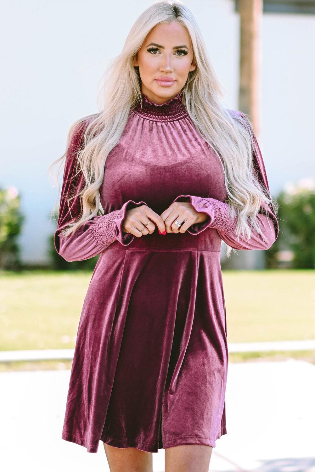 Gesmokte Fluwelen Jurk met Hoge Hals - Mini Dresses - Jurkjes.co