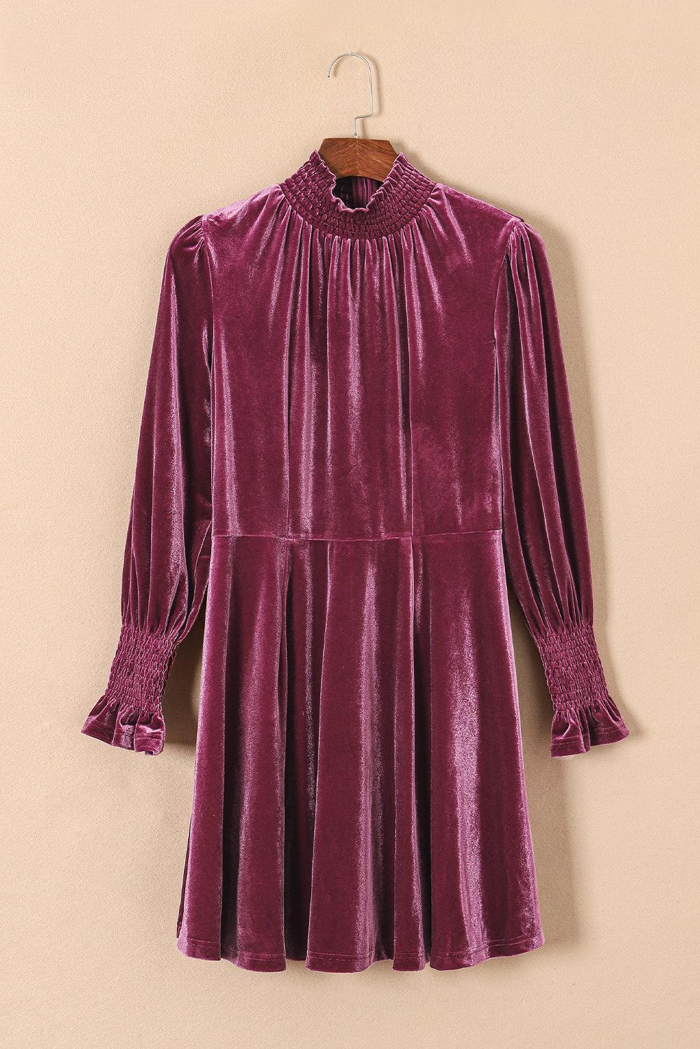 Gesmokte Fluwelen Jurk met Hoge Hals - Mini Dresses - Jurkjes.co