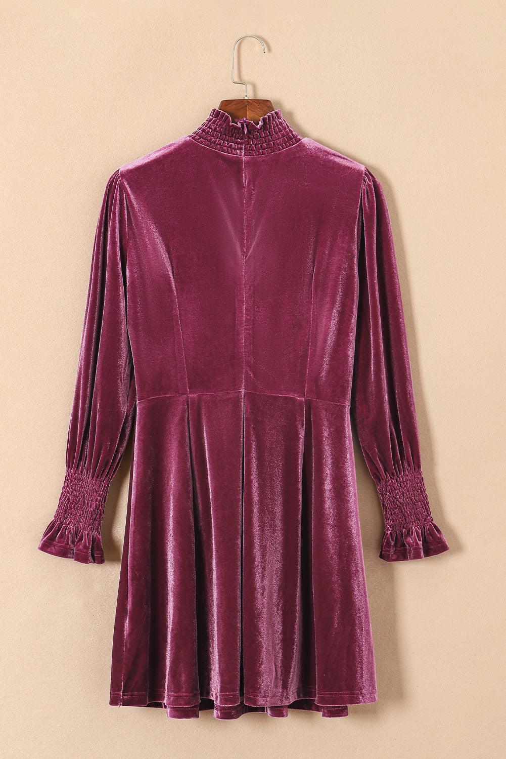 Gesmokte Fluwelen Jurk met Hoge Hals - Mini Dresses - Jurkjes.co