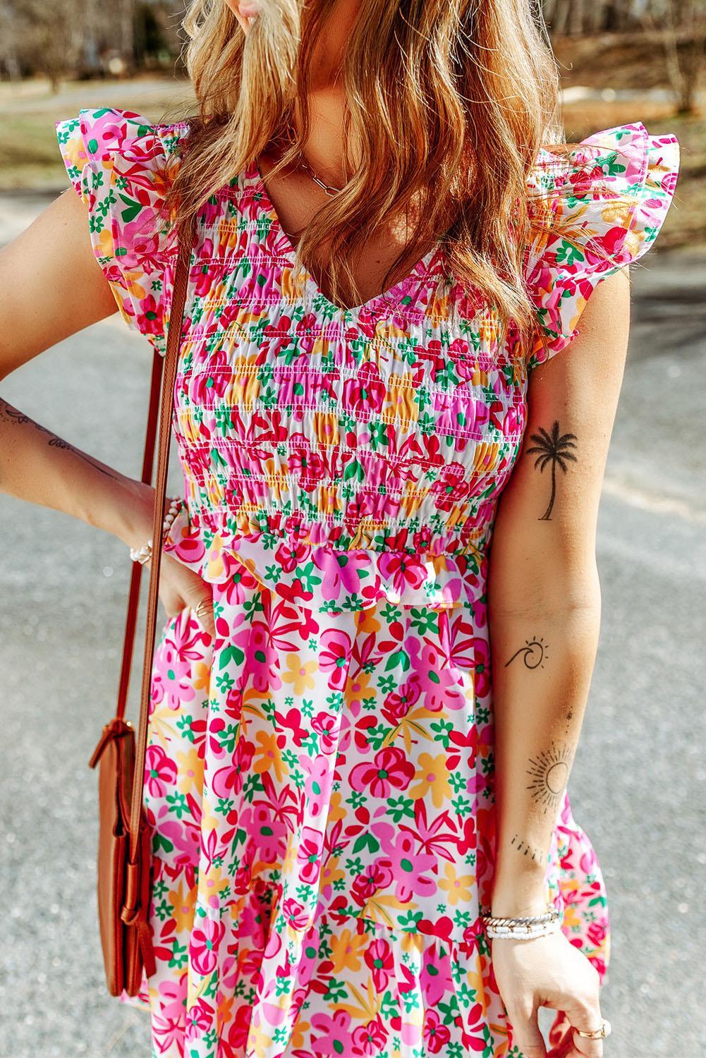 Gesmokte Jurk met Bloemen en Ruches - Floral Dresses - Jurkjes.co