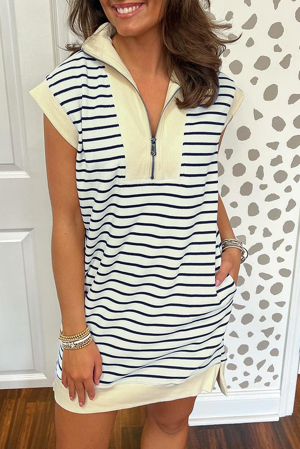 Gestreepte Kraag Mini Jurk met Rits - Mini Dresses - Jurkjes.co