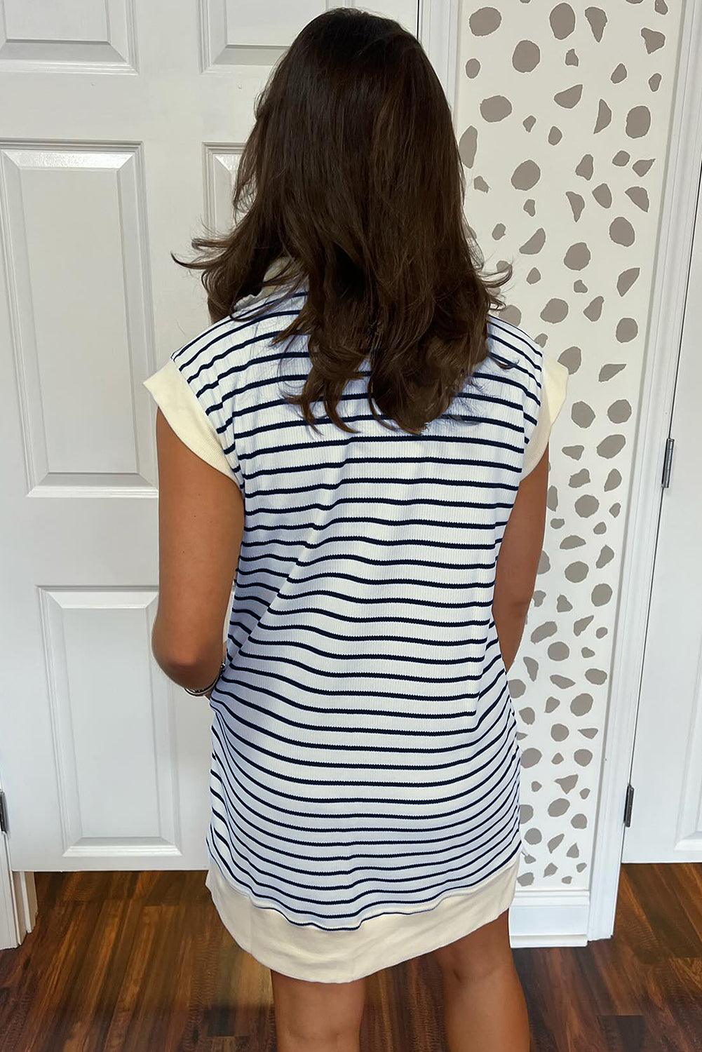 Gestreepte Kraag Mini Jurk met Rits - Mini Dresses - Jurkjes.co
