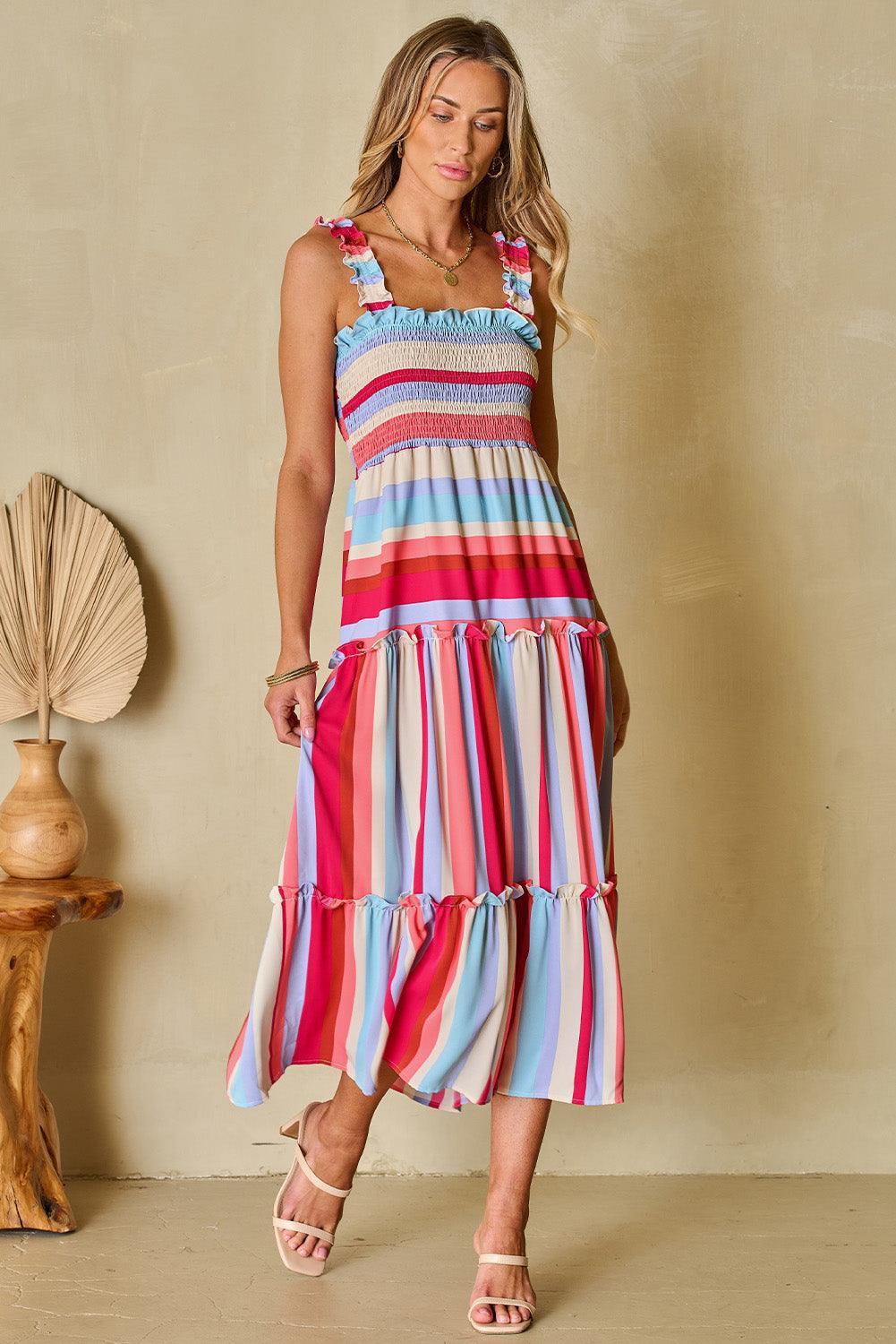 Gestreepte Lange Jurk met Volants - Maxi Dresses - Jurkjes.co