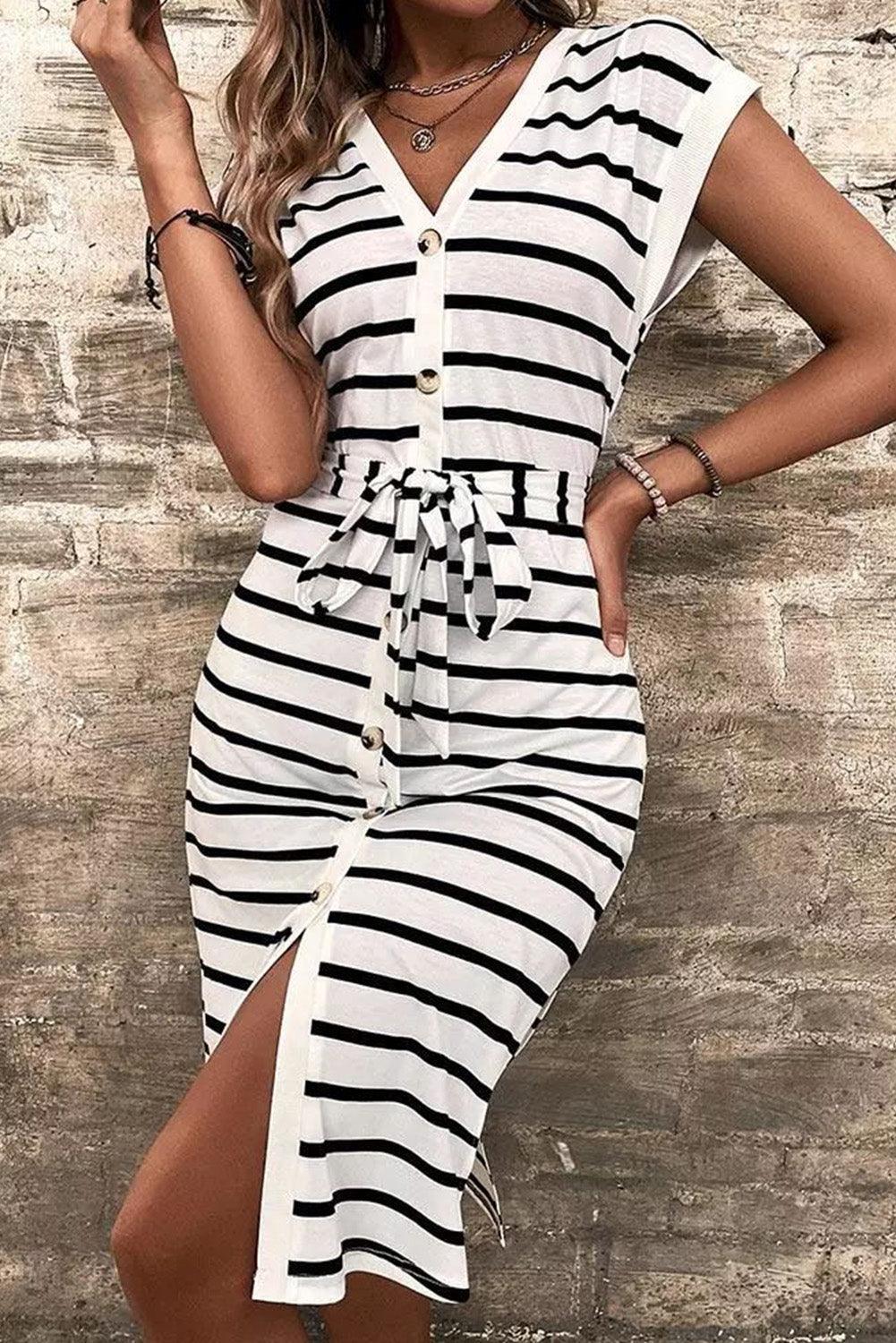 Gestreepte Midi-Jurk met Knoop en Split - Midi Dresses - Jurkjes.co