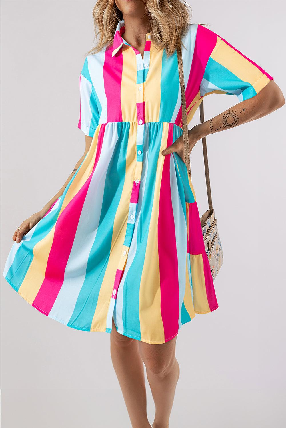 Gestreepte Mini Overhemdjurk met Korte Mouw - Mini Dresses - Jurkjes.co