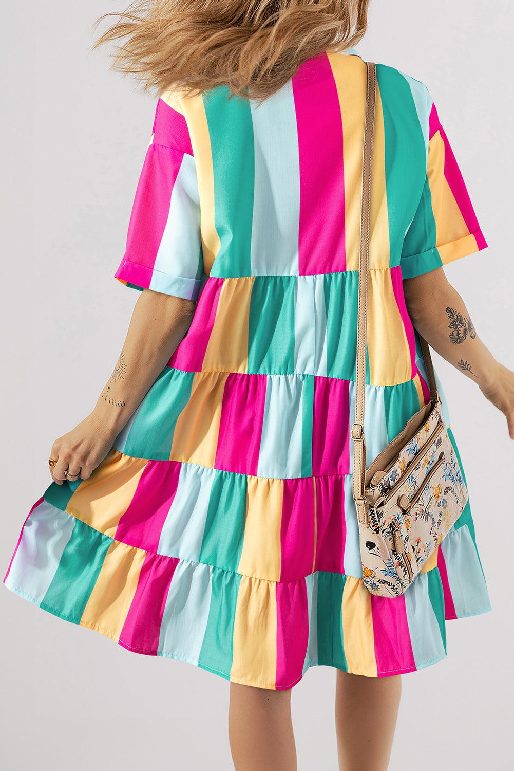 Gestreepte Mini Overhemdjurk met Korte Mouw - Mini Dresses - Jurkjes.co