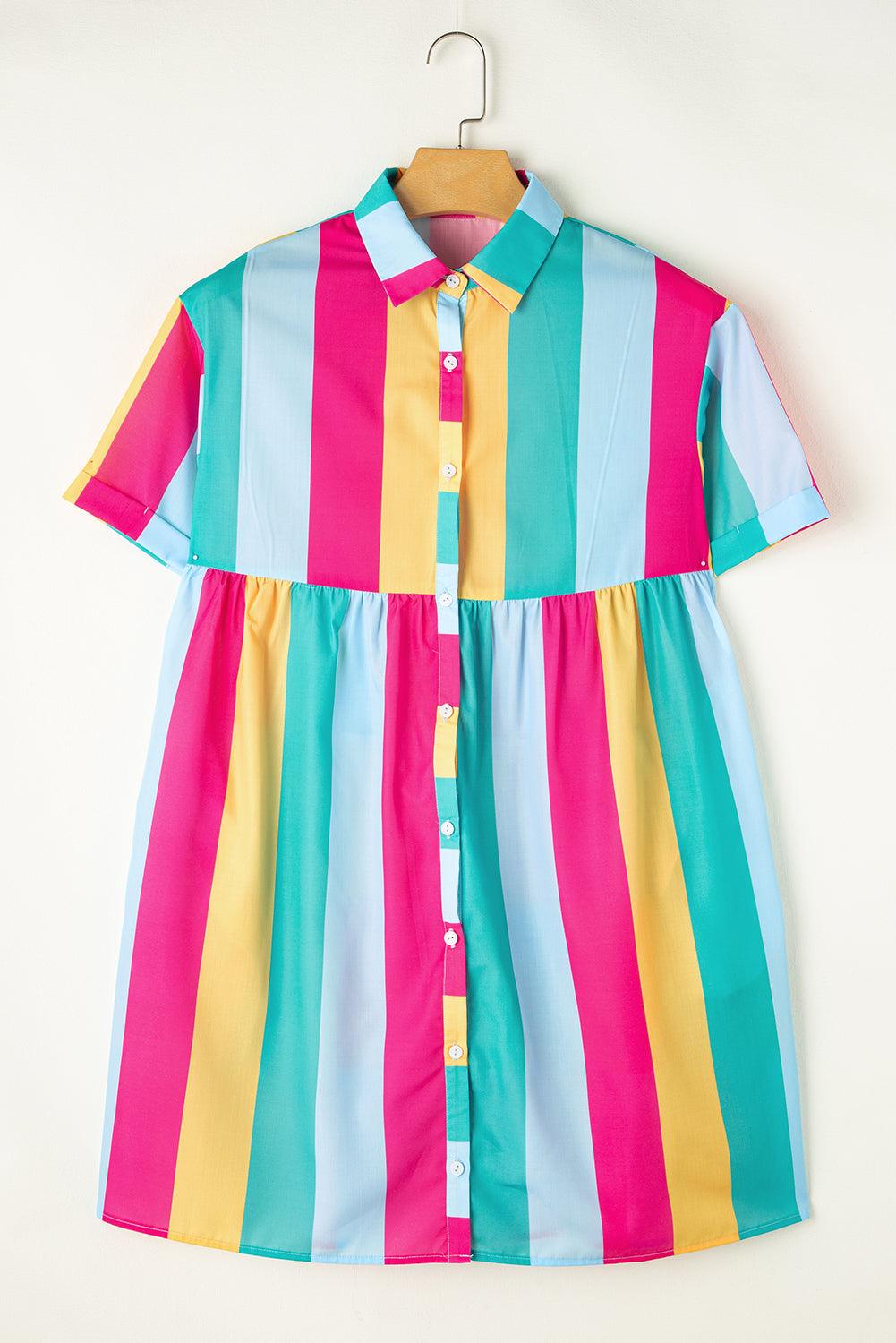Gestreepte Mini Overhemdjurk met Korte Mouw - Mini Dresses - Jurkjes.co