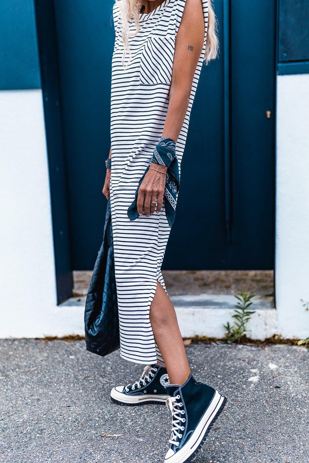 Gestreepte Mouwloze Lange Jurk met Schoudervulling - Maxi Dresses - Jurkjes.co