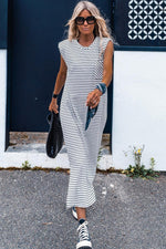 Gestreepte Mouwloze Lange Jurk met Schoudervulling - Maxi Dresses - Jurkjes.co