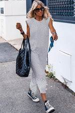 Gestreepte Mouwloze Lange Jurk met Schoudervulling - Maxi Dresses - Jurkjes.co