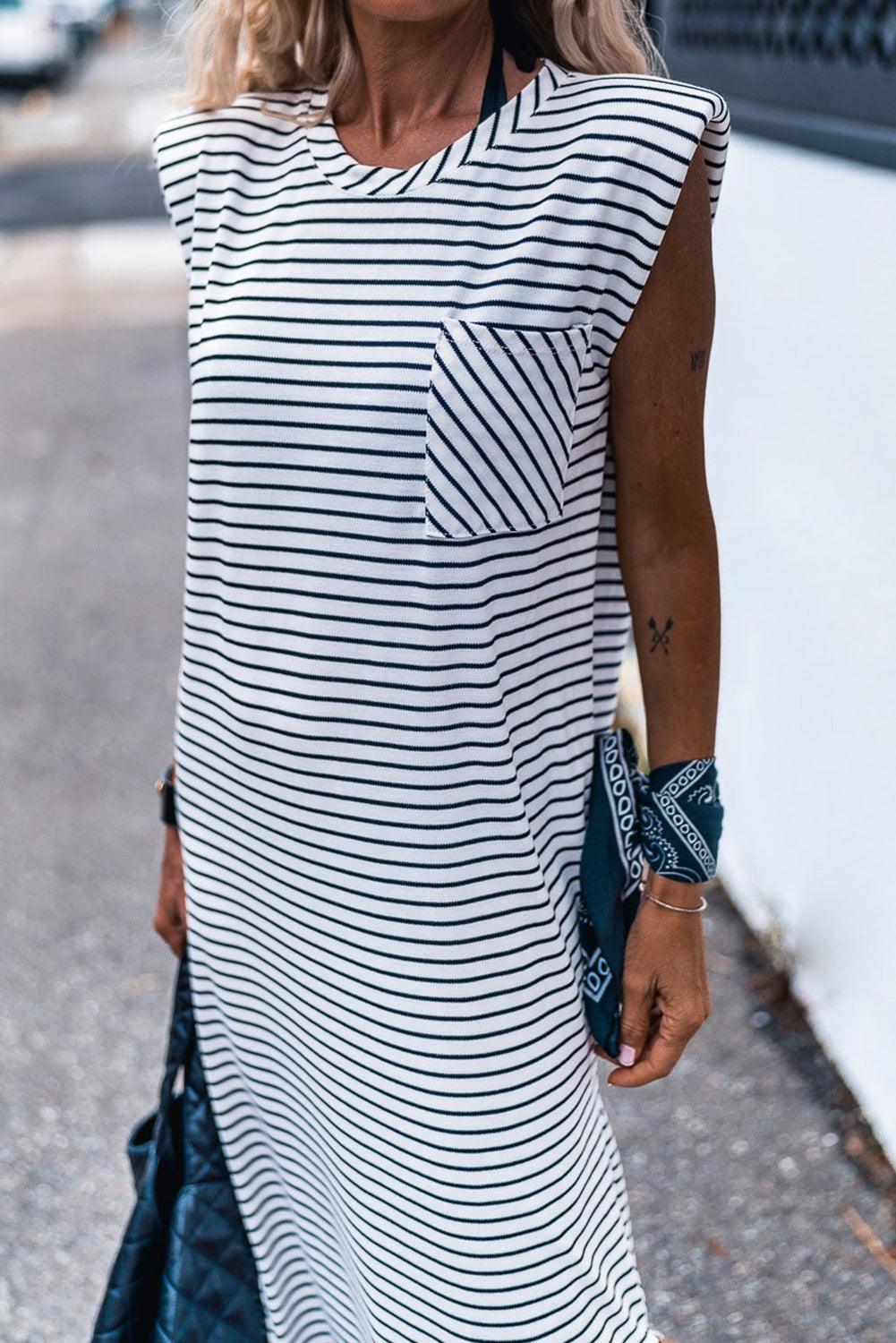 Gestreepte Mouwloze Lange Jurk met Schoudervulling - Maxi Dresses - Jurkjes.co